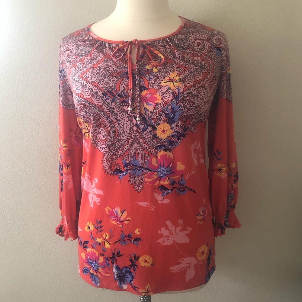 Coral Floral Peasant Top
